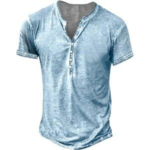 Mens Distressed Long Sleeve Henley Shirt Slim Fit V Neck Casual Button Tee